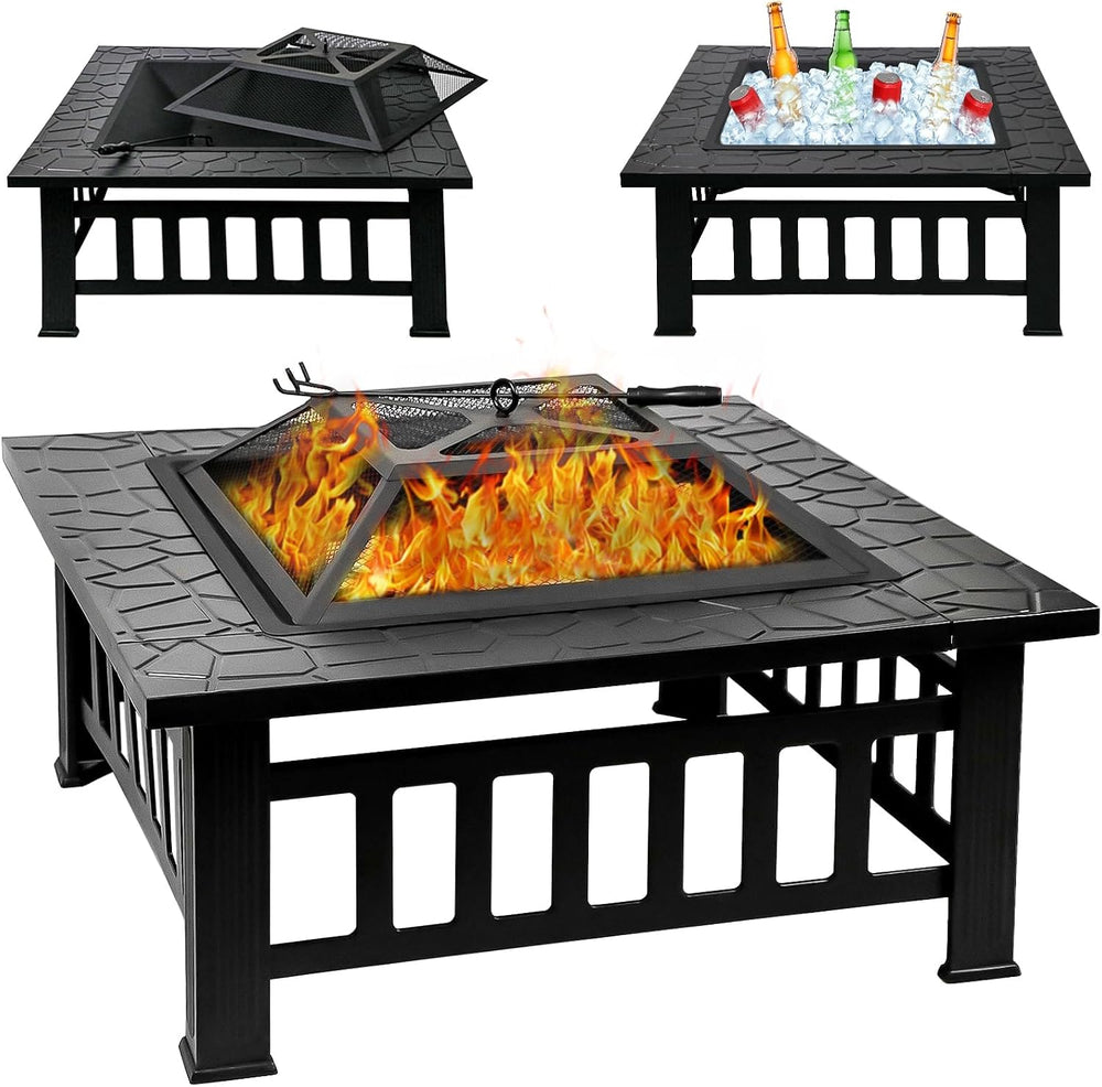 32 Inch Fire Pit Table with Fire Poker & Spark Screen, Outdoor Burning Fi...