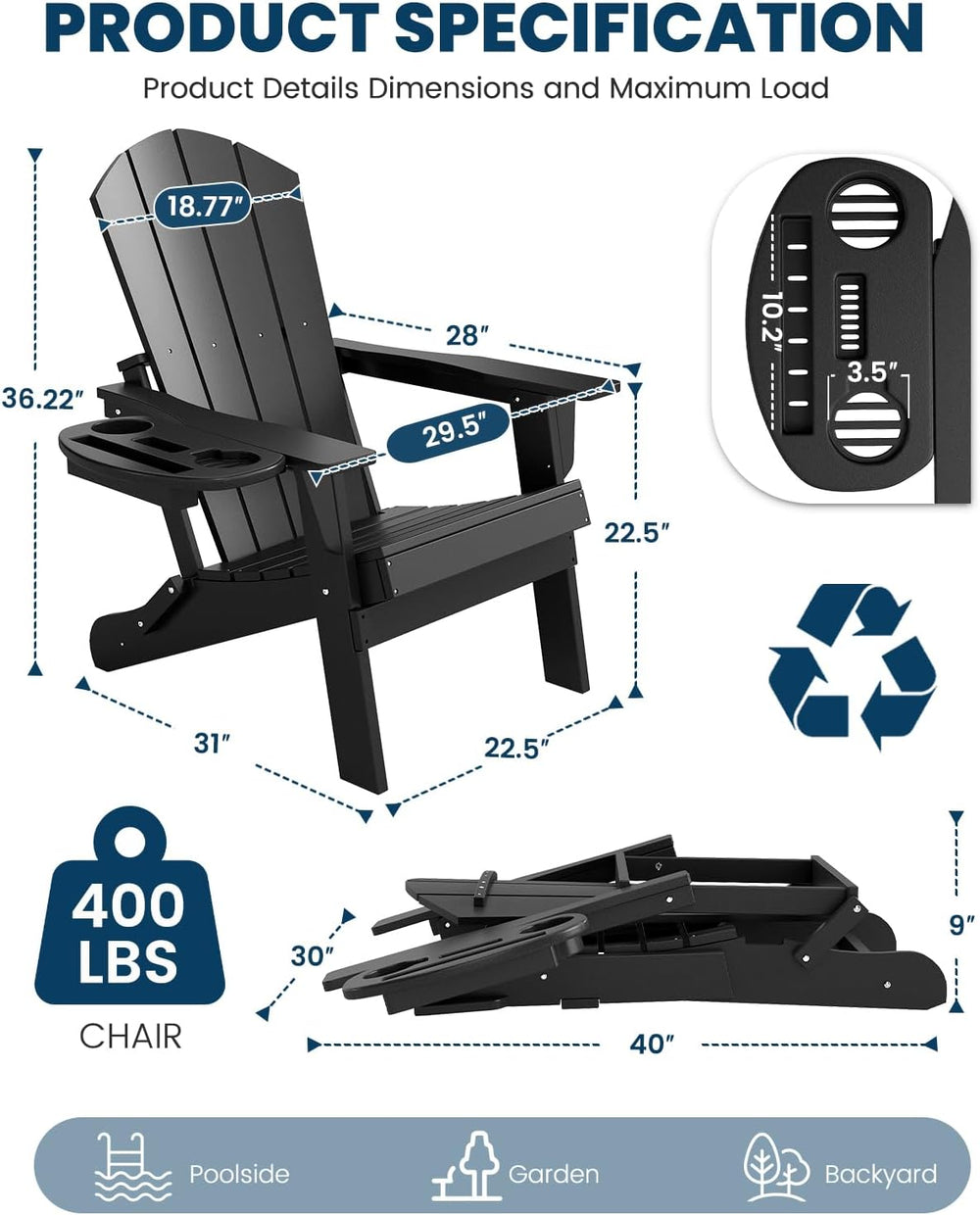 Folding Adirondack Chair Set of 2 with 4-in-1 Cup Holder,Fire Pit Chair