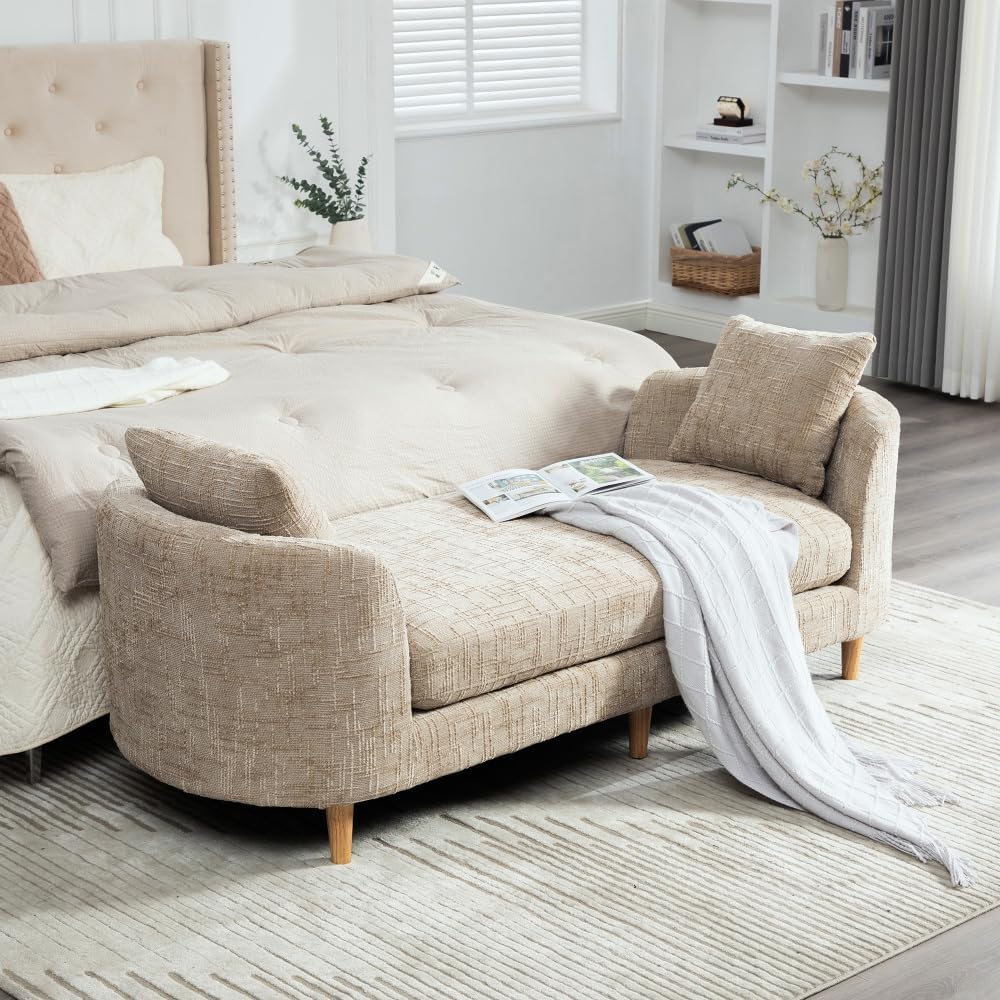 77.2" Chenille End of Bed Bench Chaise Lounge, Upholstered Bedroom Bench...