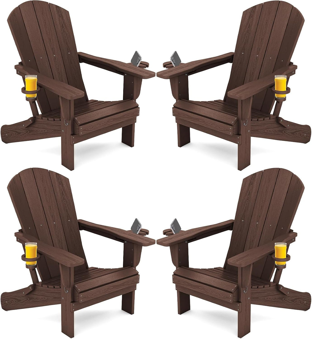 SERWALL Outdoor Adirondack Chair Set of 4 with Cup Holders,Foldable,Coffee