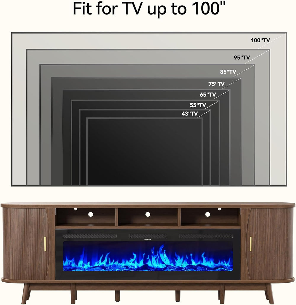 97" Fireplace TV Stand for 100" TV, Mid Century Modern Entertainmen...