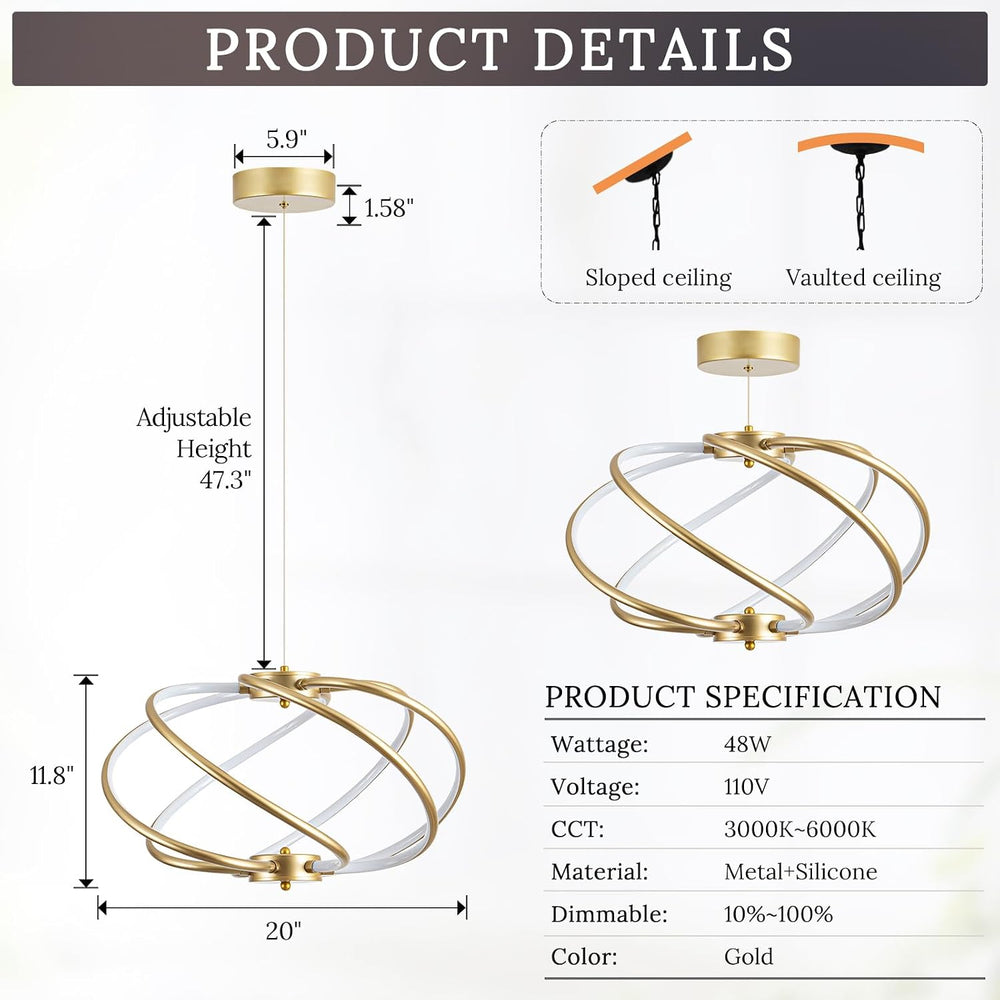 Gold Modern Chandelier with Remote Control, 48W 3-Color Temperature Dimmable ...