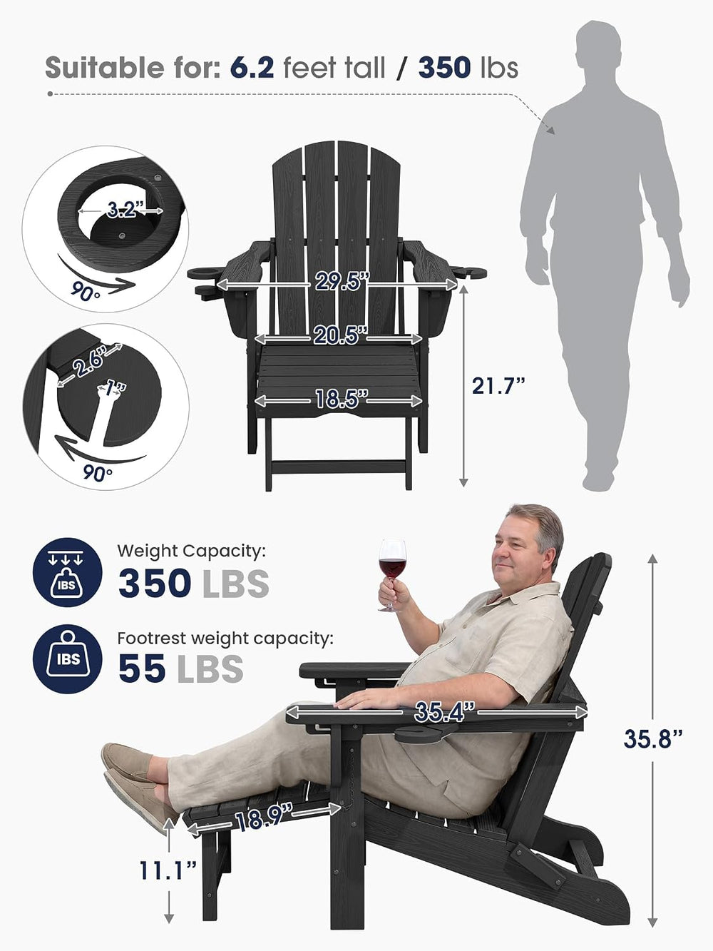 KINGYES Folding Adirondack Chair with Ottoman & Dual Cup Holders, Black