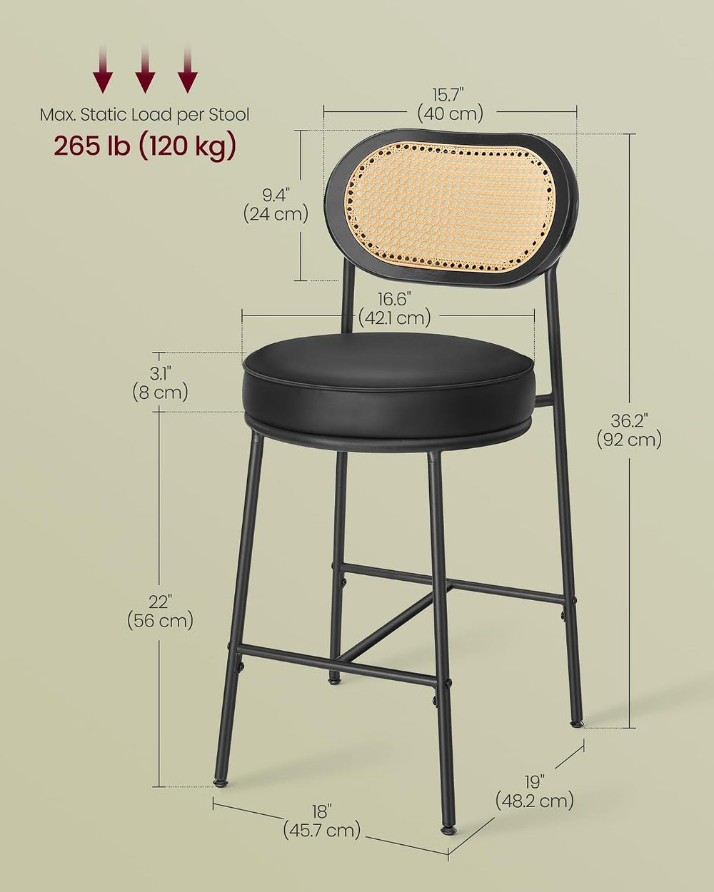 VASAGLE Counter Height Bar Stools Set of 2, PU Leather, 25.1-Inch