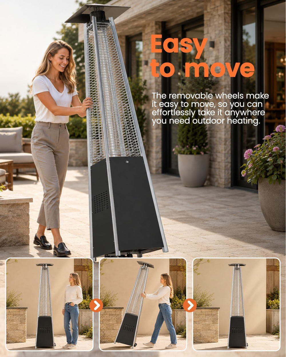 NAVINE 48,000 BTU Pyramid Patio Heater with Wheels, Cover, Dark Black