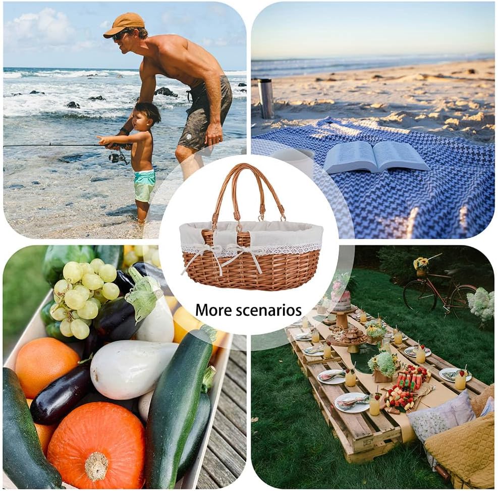 Large Wicker Woven Picnic Basket w/Handle for Camping & Harvest