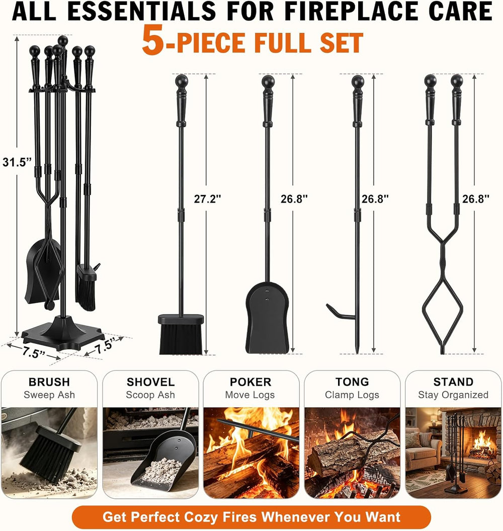 Gtongoko 5-Piece Fireplace Tools Set with Stand, Solid Steel, Black