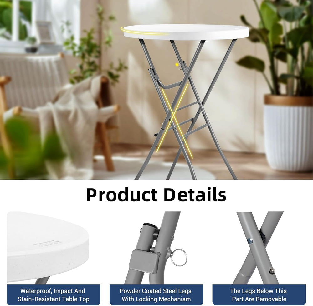 Byliable 28in Cocktail Folding Table, Round High Top Bar Height White Table