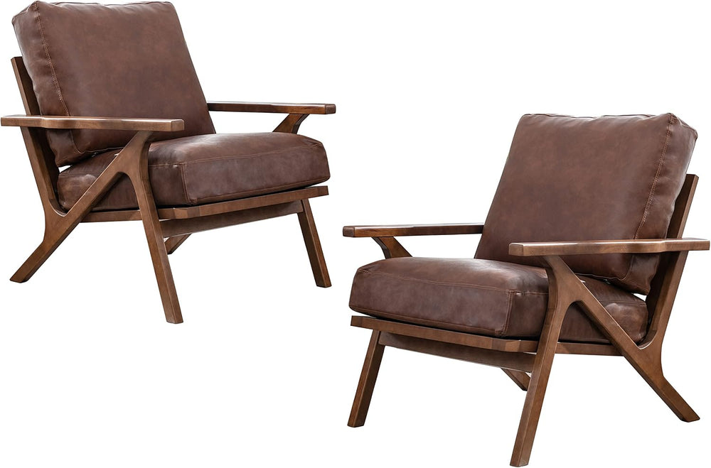 chairus Mid-Century Modern Brown Faux Leather Accent Chairs Set of 2, Comfy U...