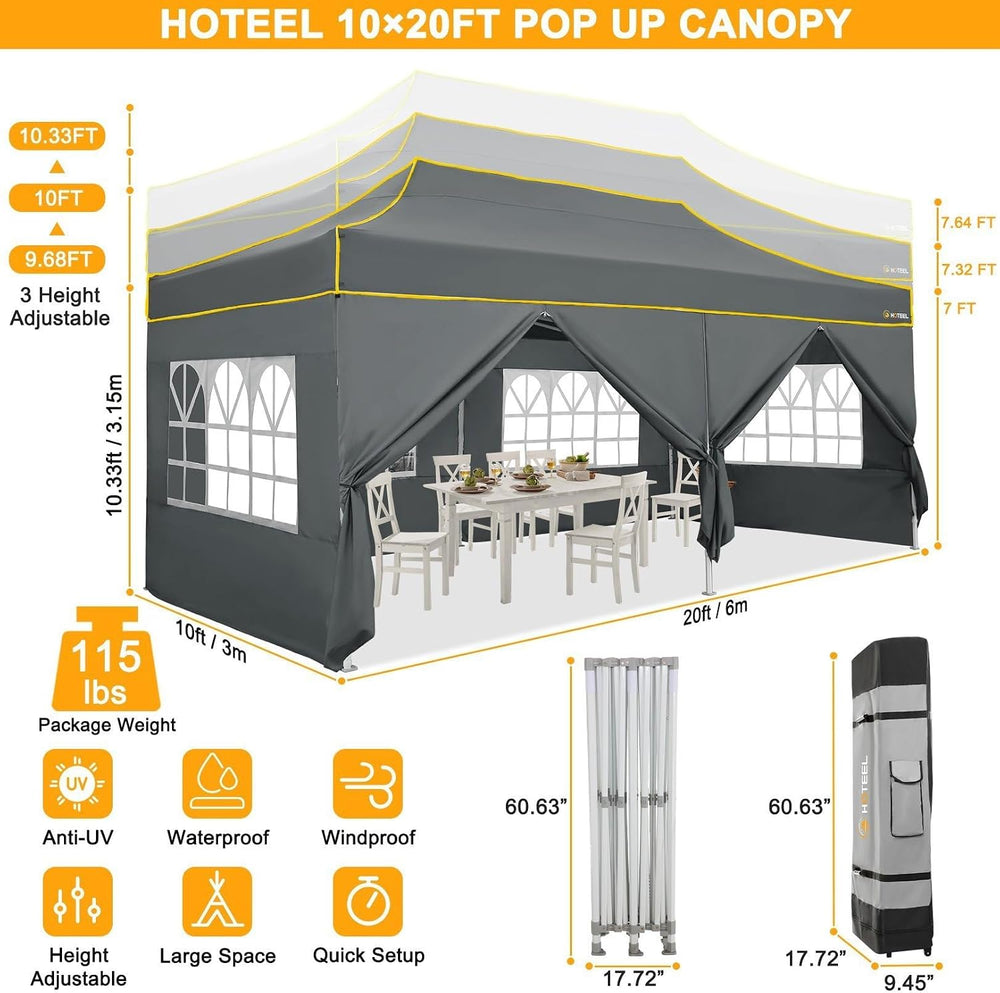 HOTEEL 10x20 Pop Up Canopy Tent, Upgraded Thickened Hexagonal Legs, Gray