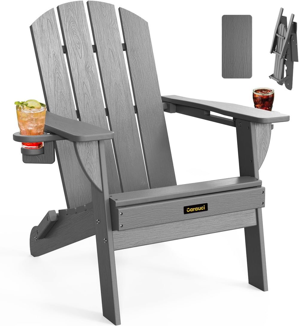 Folding Adirondack Chair, Wooden Textured Plastic Adirondack Chairs with 2 Cu...