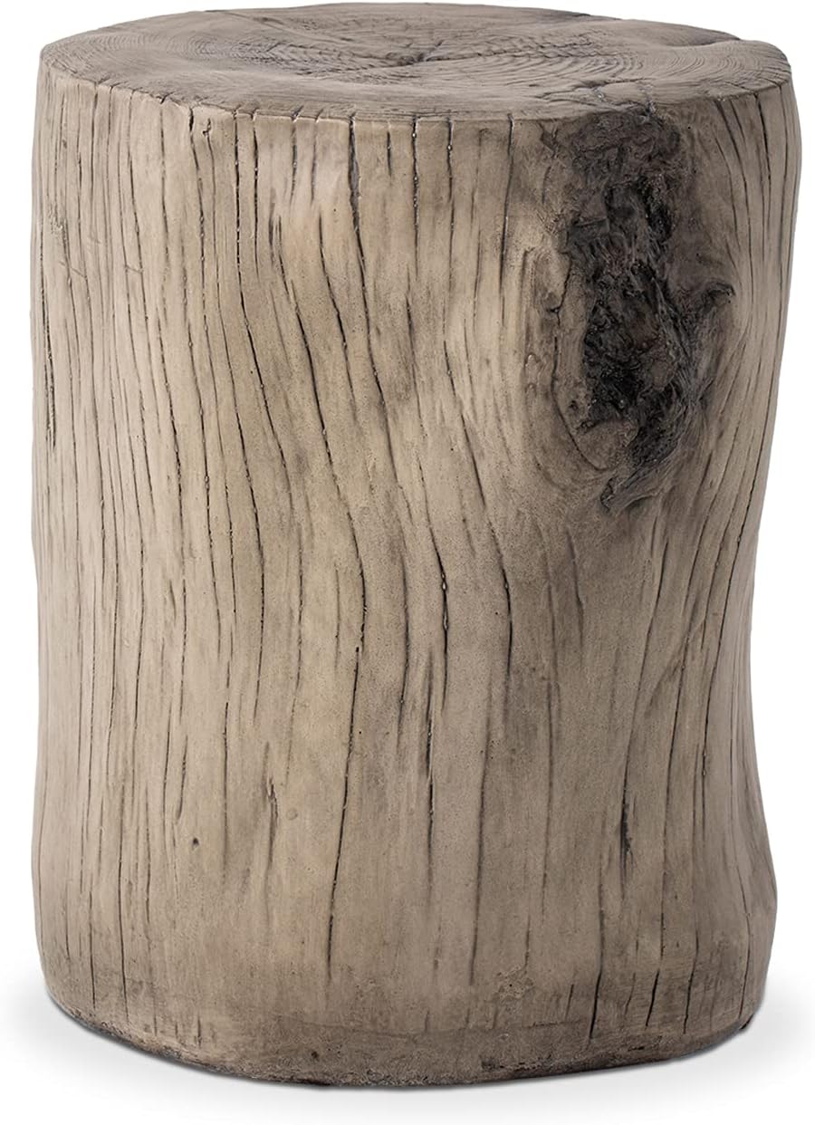 COSIEST Outdoor Antique Gray End Table Faux Wood, Hand-Painted Wood Stump Sto...
