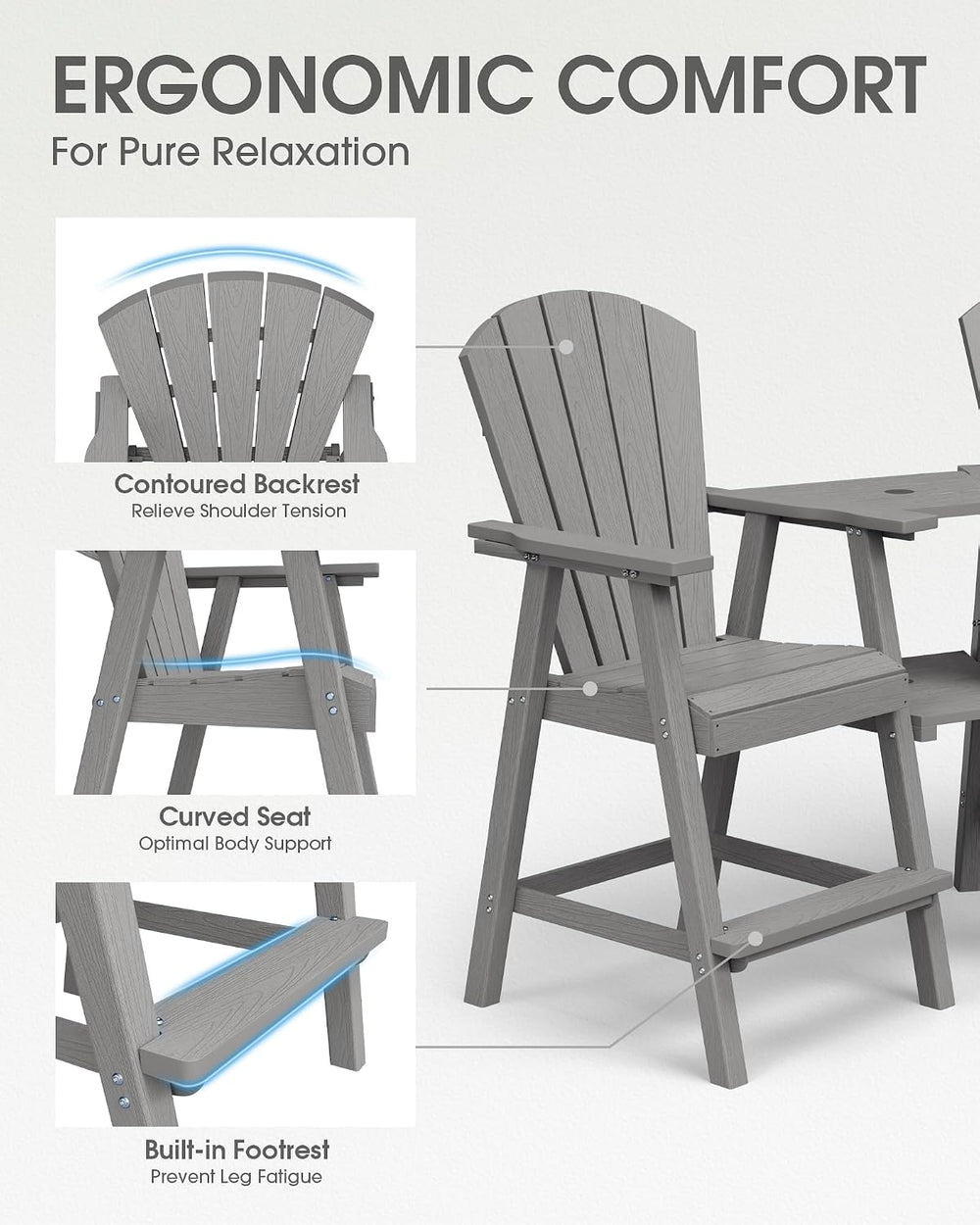 Tall Adirondack Chairs Set of 2 with Double Removable Trays, Grey