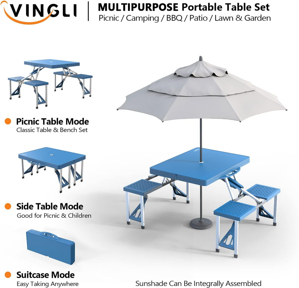 VINGLI 4 Ft Camping Picnic Table Set with 4 Seats with Umbrella Hole Folding ...