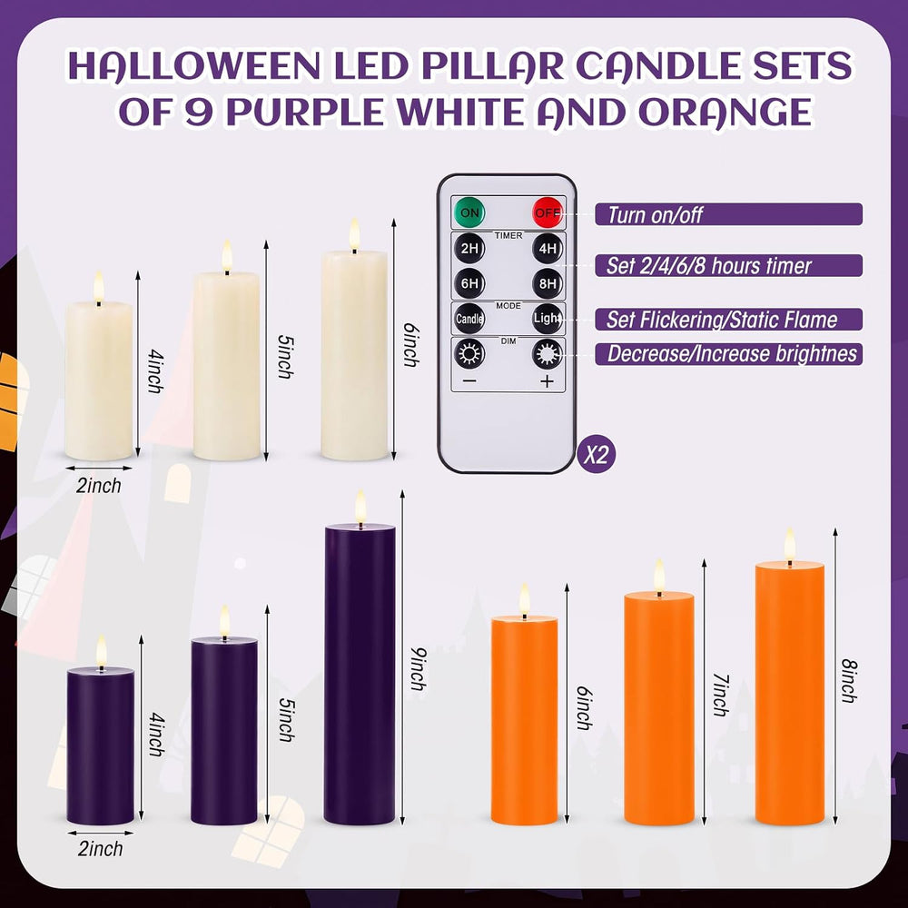 Retisee 9 Pcs Halloween Flameless Pillar Candle with Remote Halloween Decor