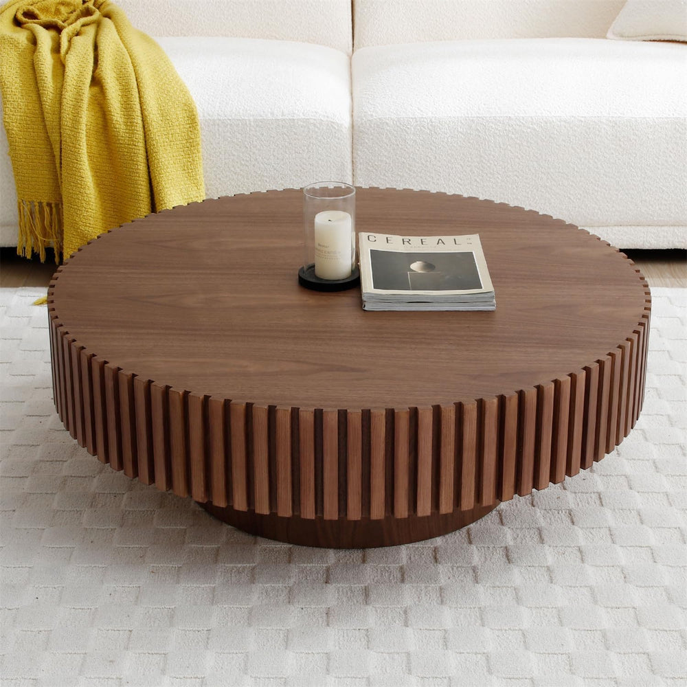 LKTART Round Coffee Table for Living Room, Accent Fluted Drum Coffee Table wi...