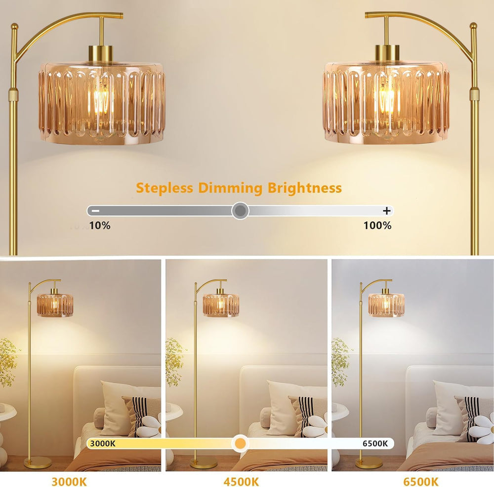 QIYIZM Glass Floor Lamp for Living Room,Bedroom,Gold Dimmable Standing Lamp w...
