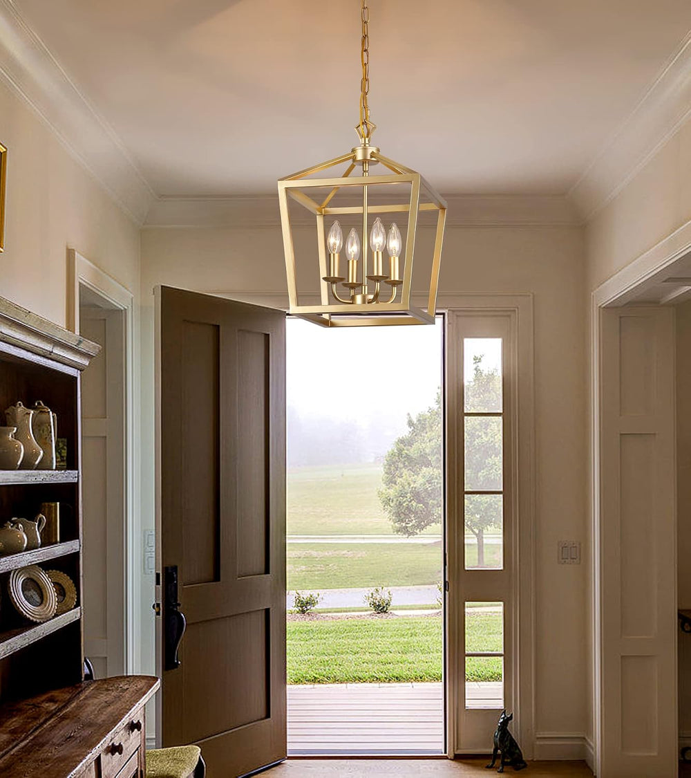 AMZASA Gold Lantern Chandelier Hanging Pendant Light Fixture 4-Lights for Kit...