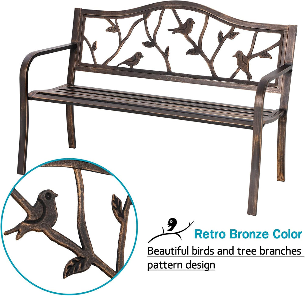 MFSTUDIO 50 Inches Outdoor Garden Bench Cast Iron Metal Bird Pattern Bronze