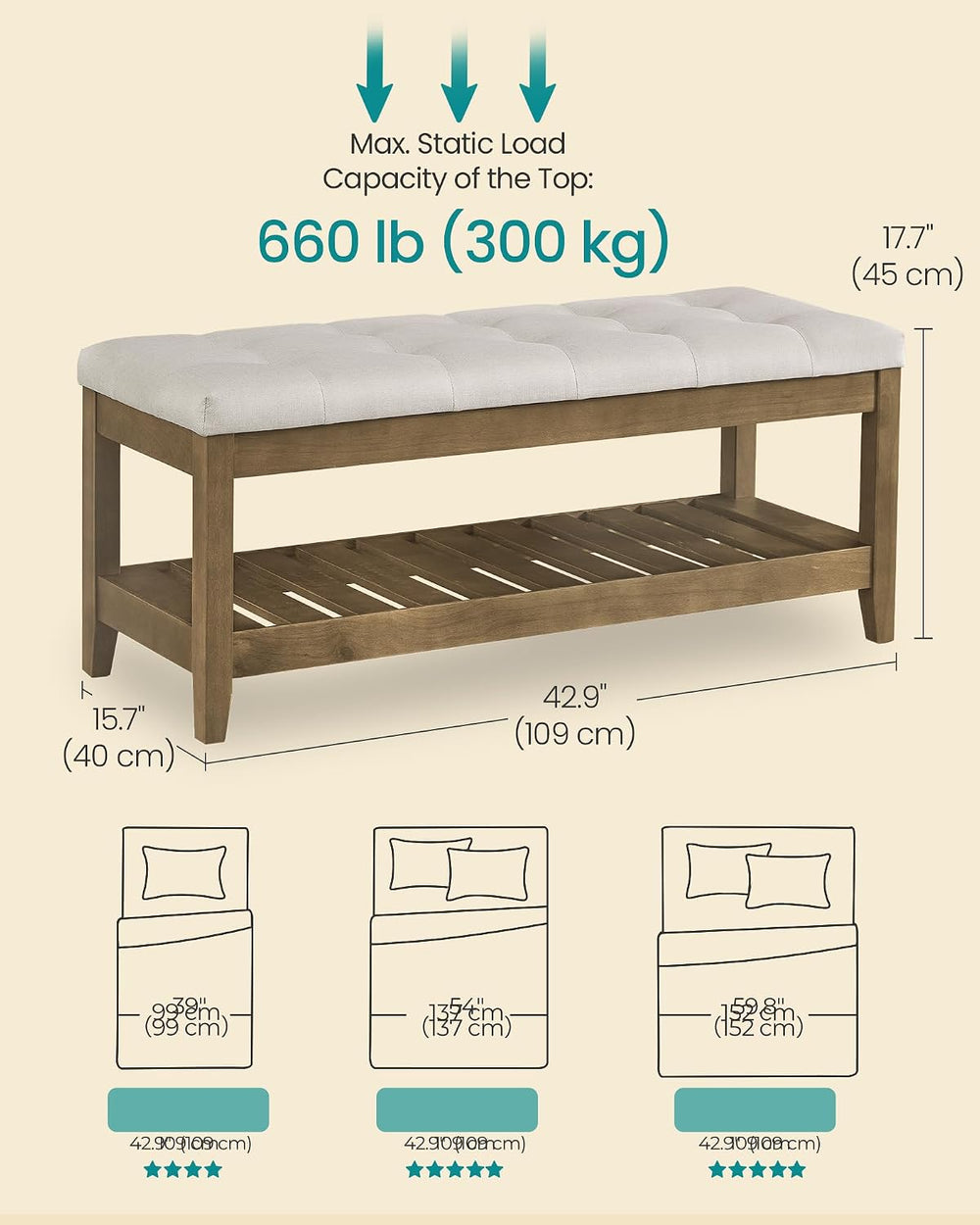 SONGMICS Storage Ottoman with Solid Wood Frame, 42.9 x 15.7 x 17.7 Inches