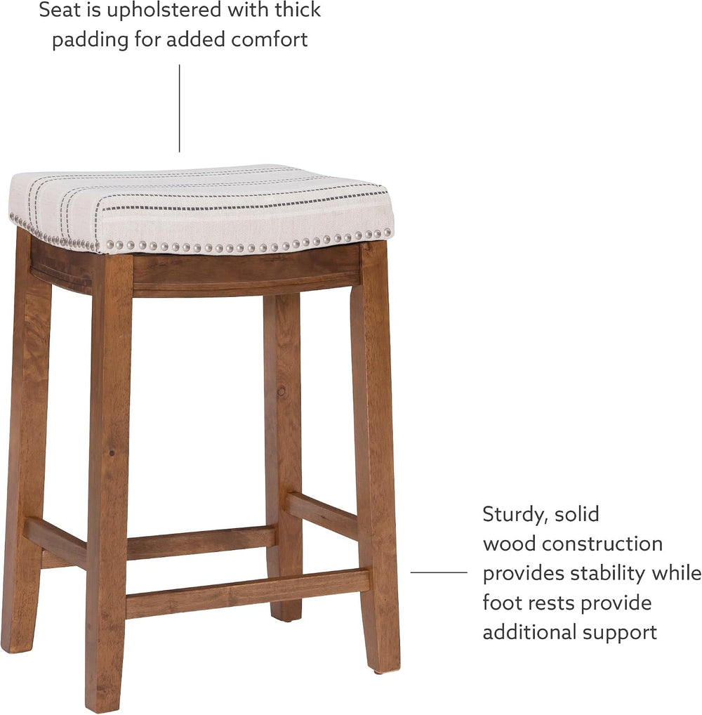 Linon Kingston Natural Wood with Upholstered Linen seat 24 Inch Seat Height B...