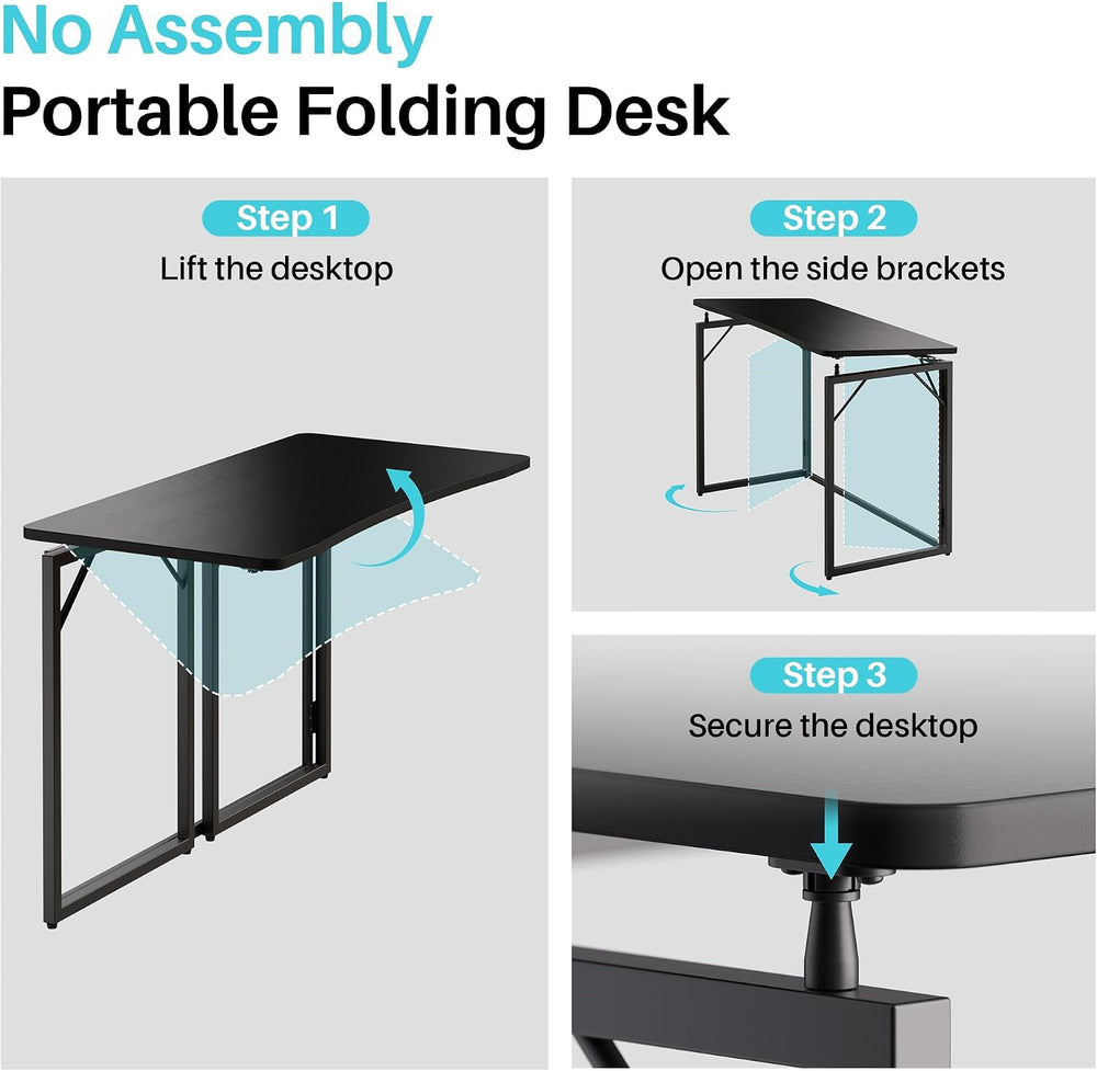 JOYMOOP 31.5" Black Folding Desk, No Assembly, Wooden Top, Small Size