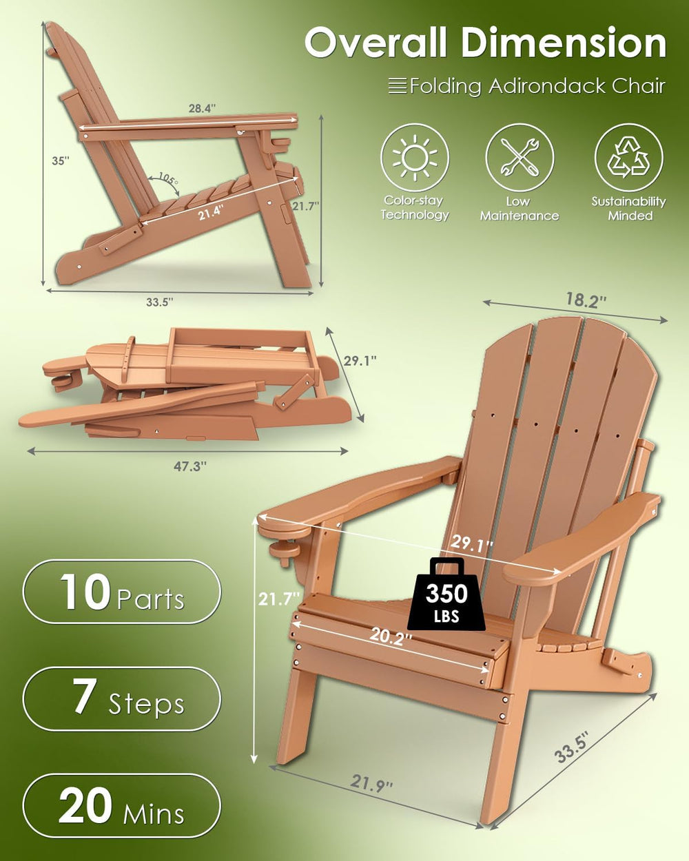 GREENVINES Folding-Adirondack-Chairs Set of 2, HDPE All Weather, Teak