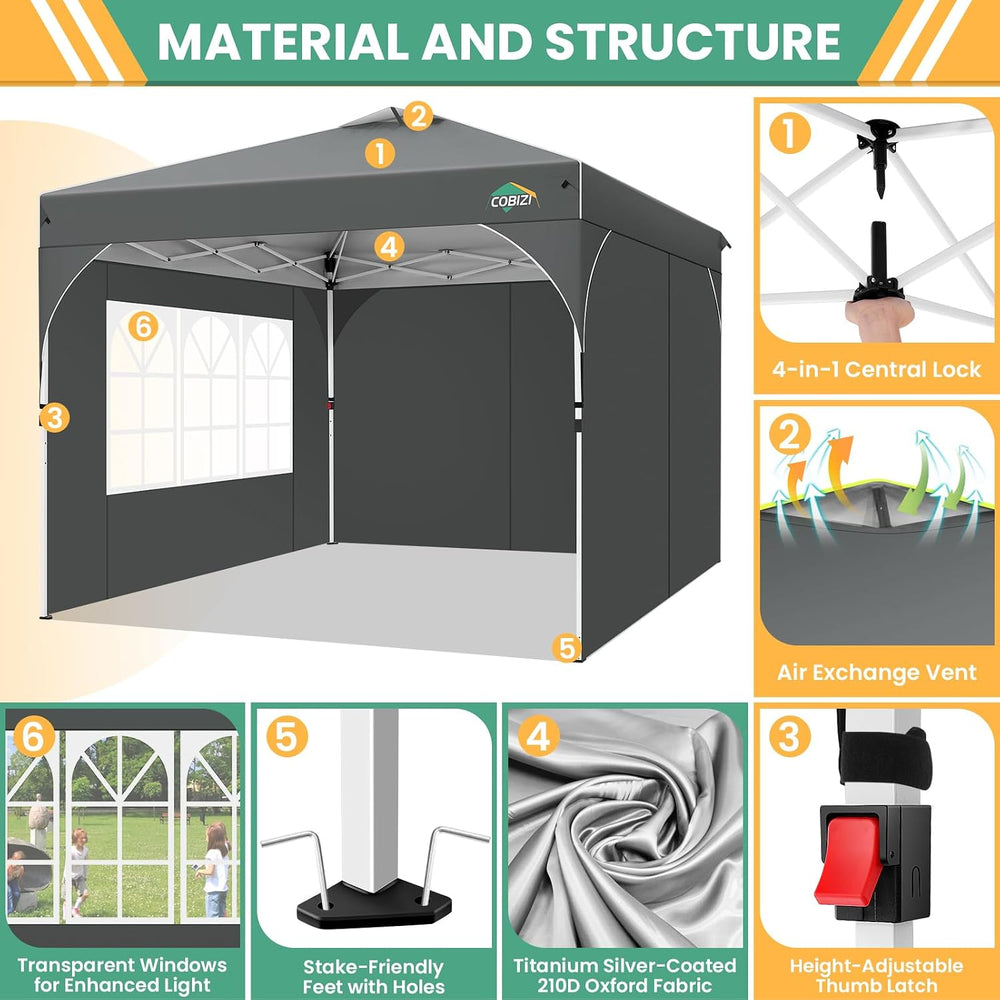 COBIZI 10x10 Pop Up Canopy with 3 Sidewalls, 1-Person Setup, Waterproof