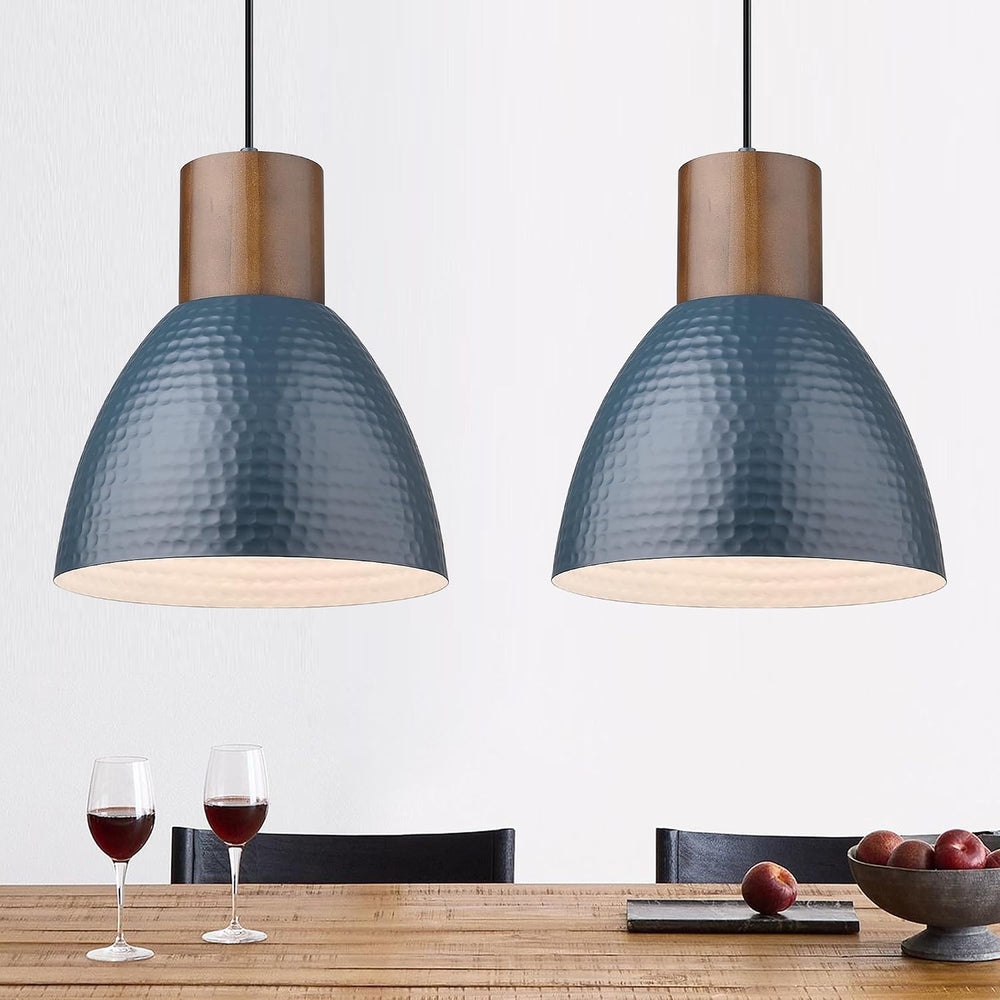 ELYONA 2 Pack Modern Hammered Pendant Lights 10.2” Blue Solid Wood Hanging La...