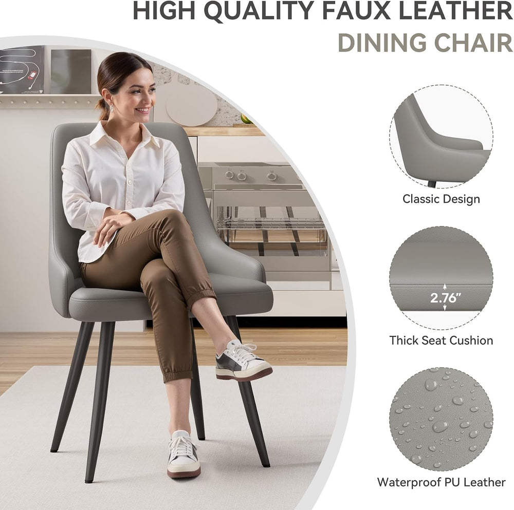 Faux Leather Chairs Set of 2, Waterproof Padded Seat,Grey