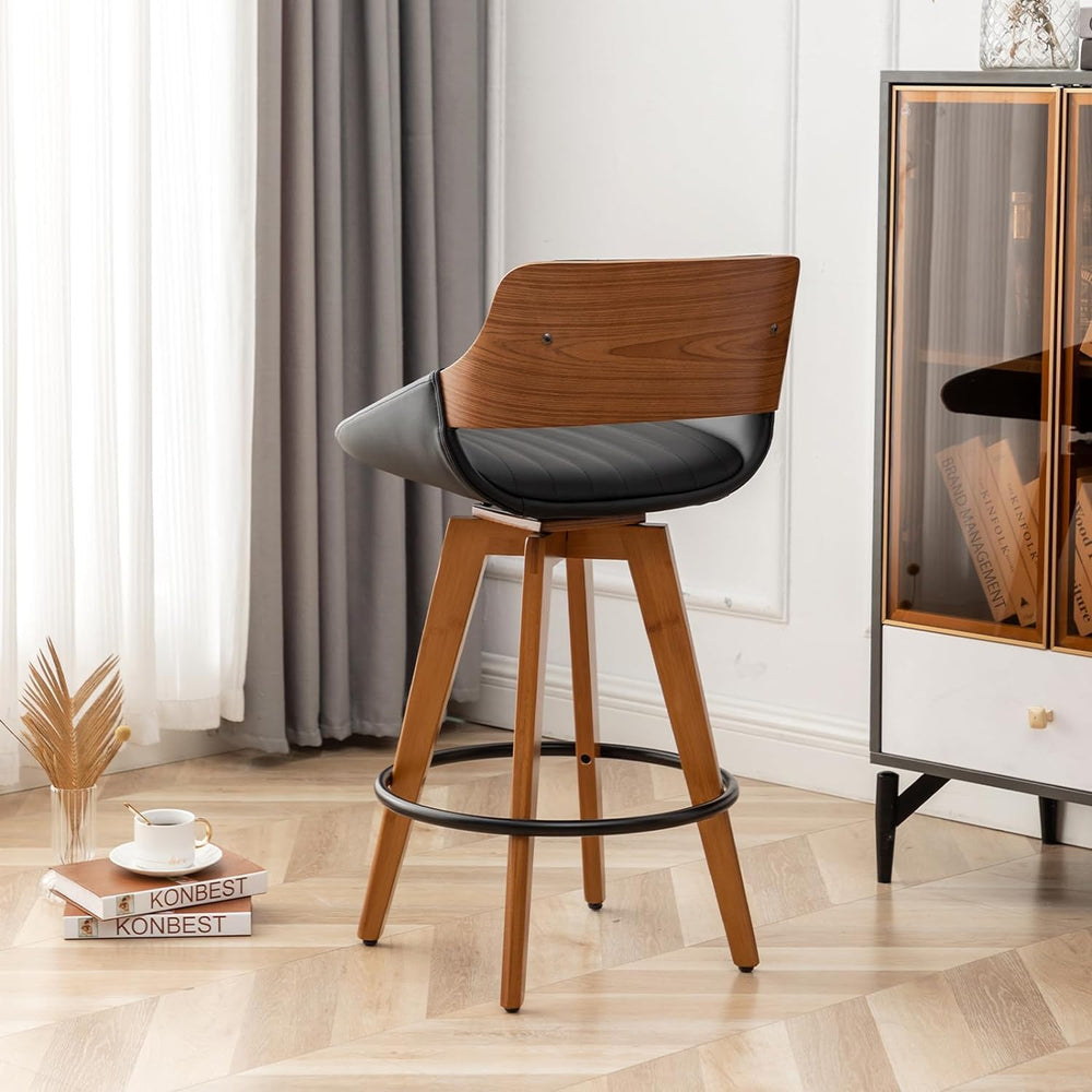LUNLING Swivel Bar Stools,Mid Century Modern Black Faux Leather Upholstered C...
