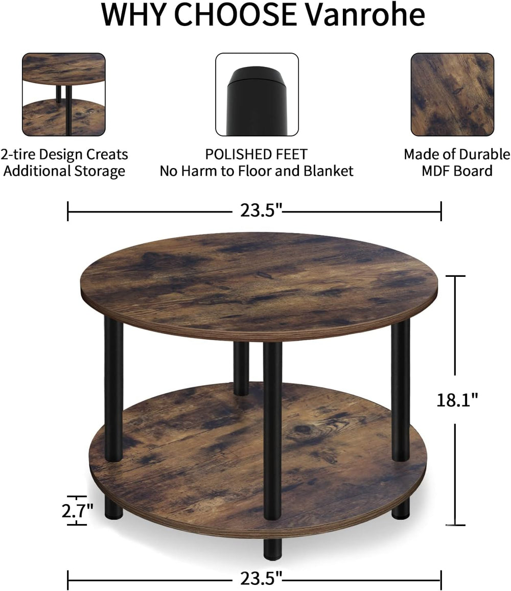 Small Round Coffee Table for Small Space, 23.5" 2-Tier Rustic Brown Wood...