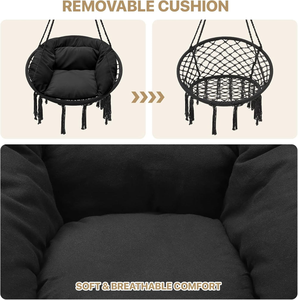 Monibloom Hanging Hammock Chair with Cushion, Macrame Swing Chair, Black