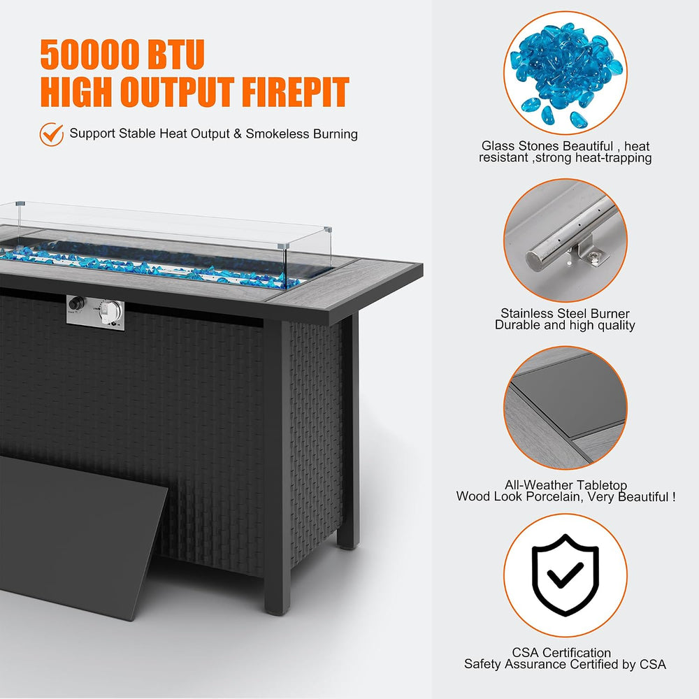 45 inch Outdoor Propane Fire Pit 50,000 BTU Gas Fire Pit Table with Lid, Glas...