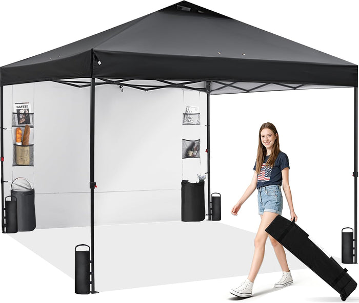 GAFETE Pop Up Canopy Tent Outdoor Sidewall One Push (Black, 10X10)