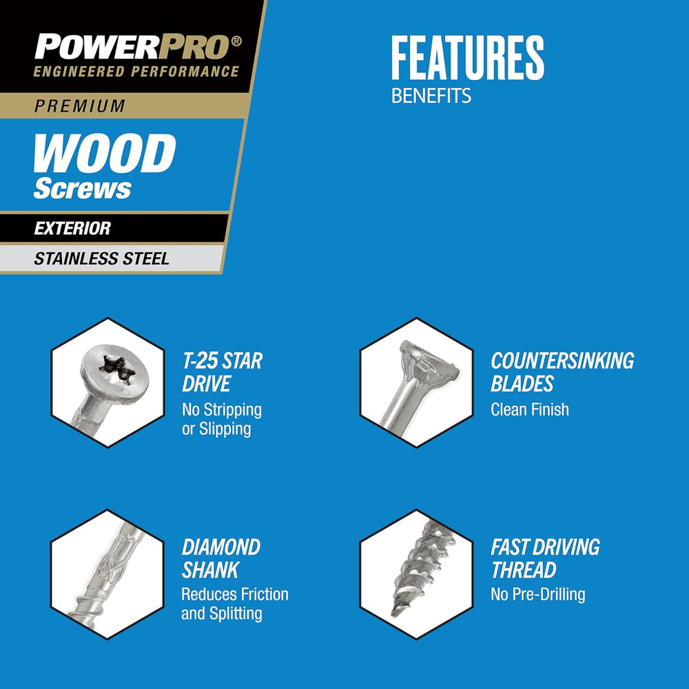 Power Pro Premium Exterior Wood Screws, #10 x 3 Inch All-Purpose Deck Screws ...