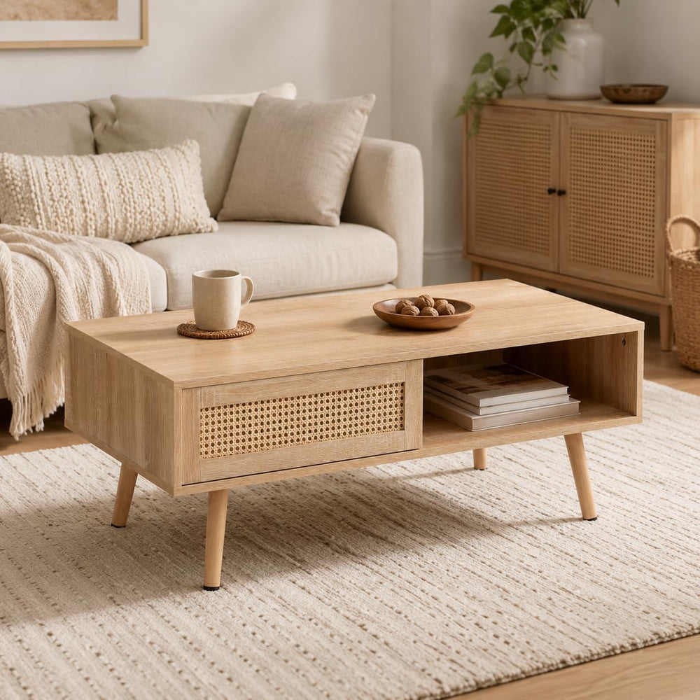 Rattan Coffee Table with Sliding Storage Door, 41.34'' Rectangular Wo...