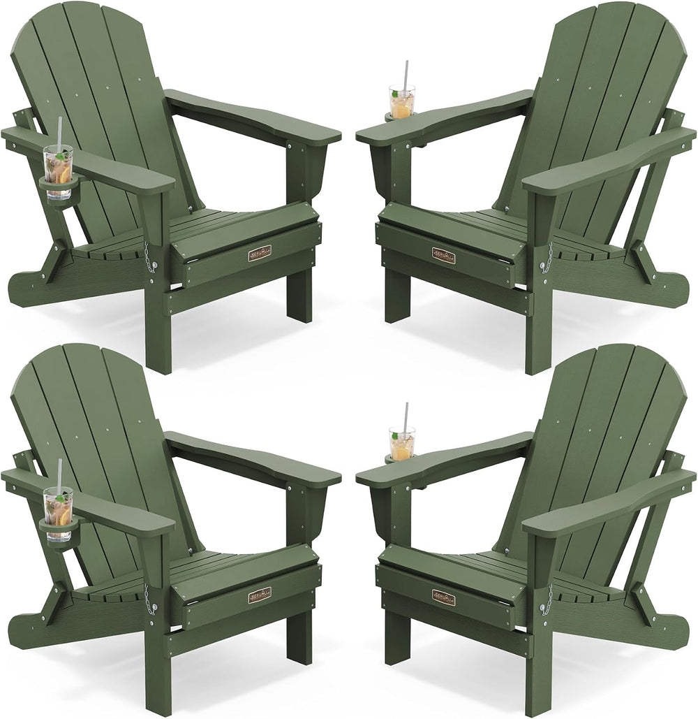 SERWALL Folding Adirondack Chairs Set of 4,Patio Chair with Cup Holder-Army