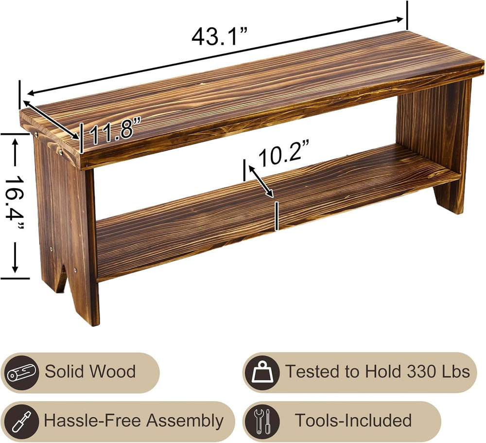 43" Solid Wood Farmhouse Bench, Entryway Bench with Storage Shelf, Vinta...