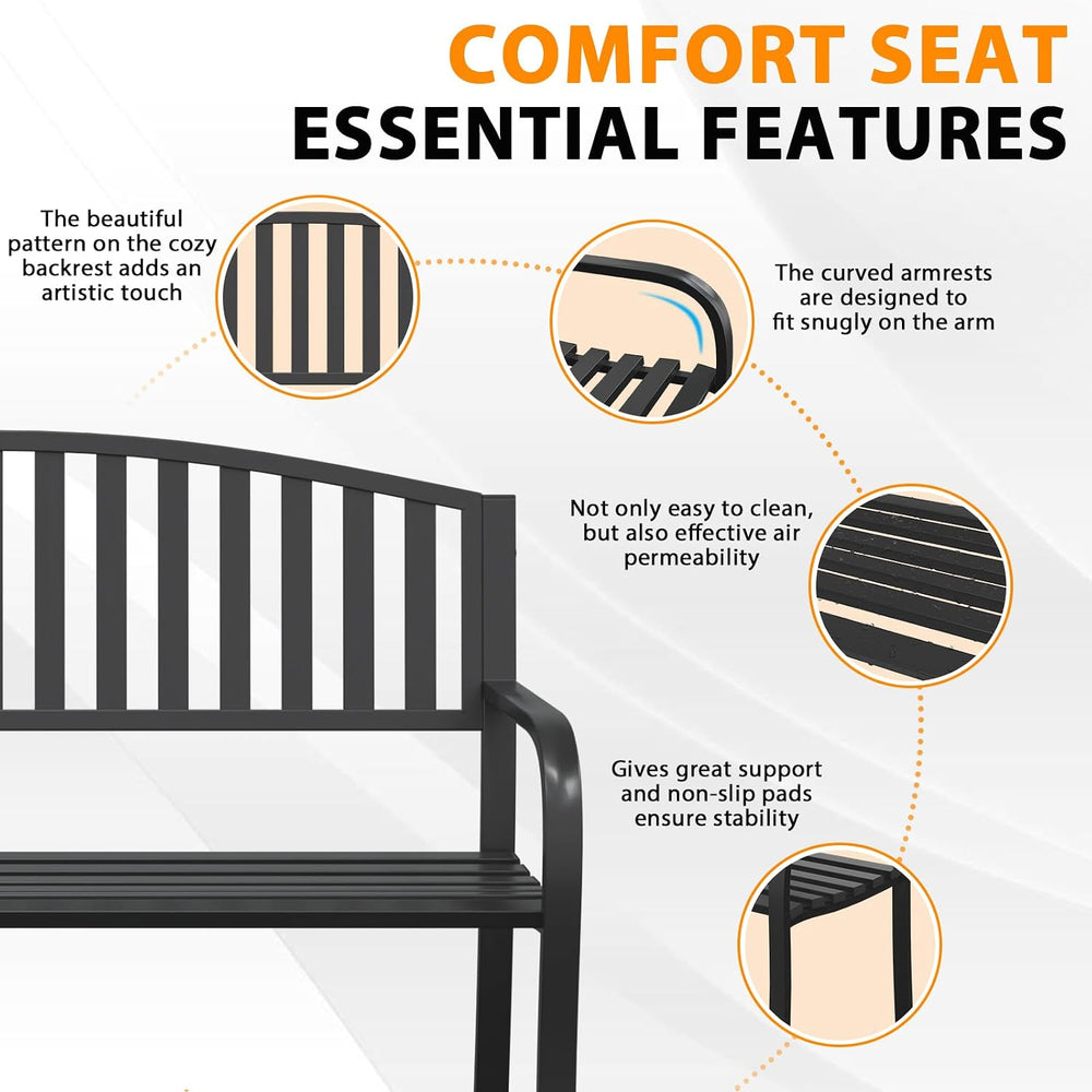 Outdoor Bench Garden Bench, 50" Anti-Rust Patio Bench Clearance, Iron Me...