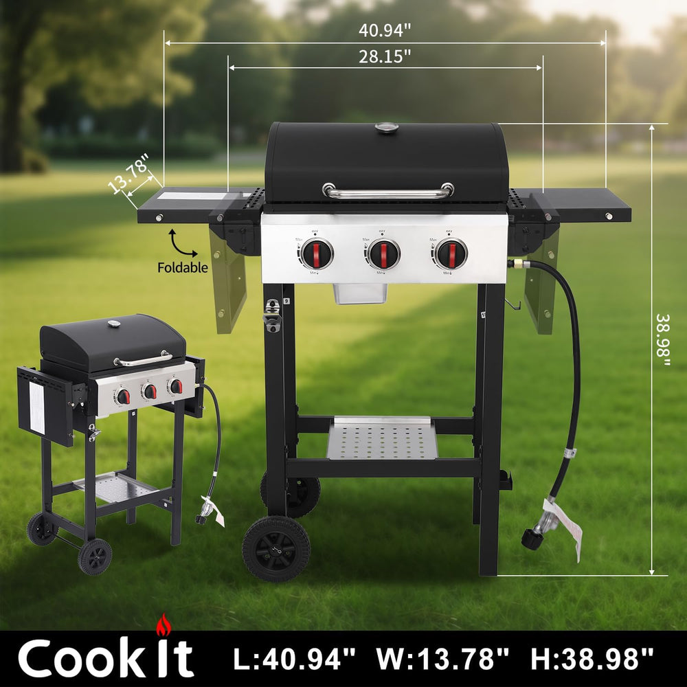 3-Burner Propane Gas Grill with Cast Iron Grate - 30000 BTU Output & Easy...