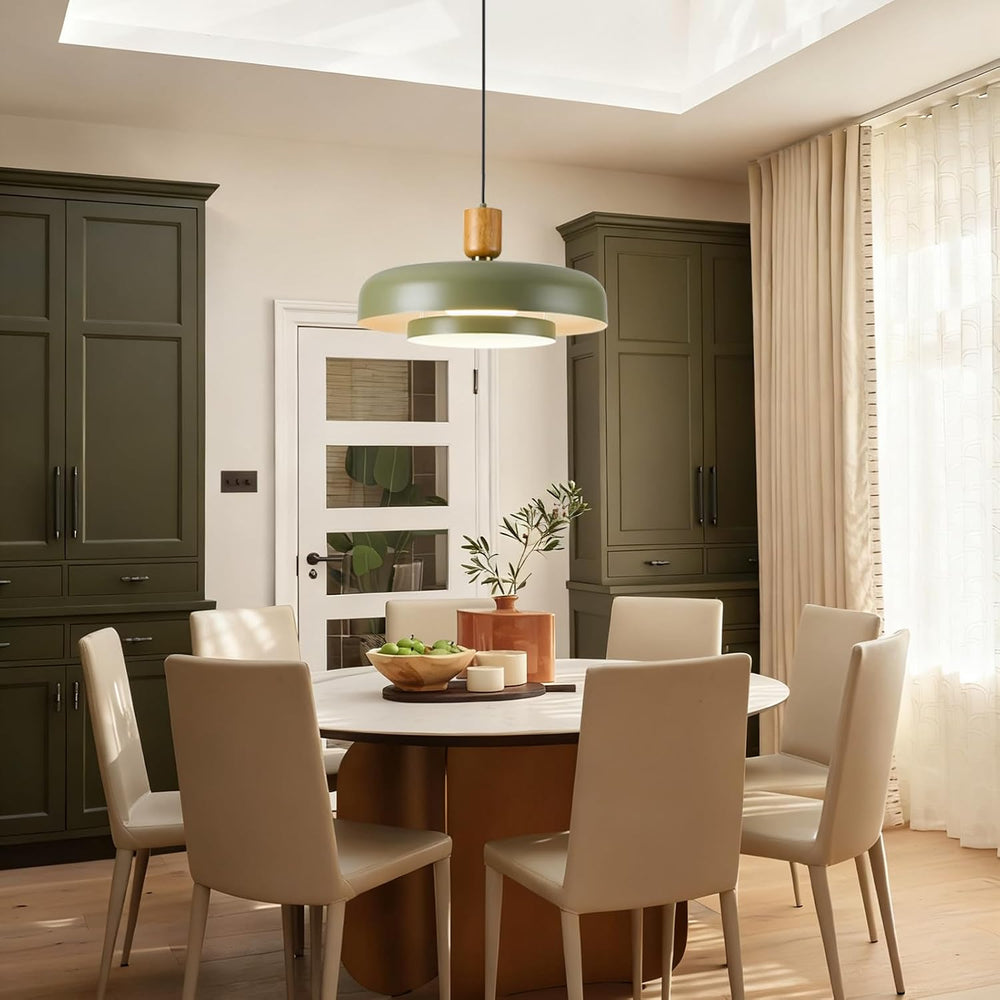 Mid Century Pendant Light 19.68", Natural Wood Brass, Deep Green