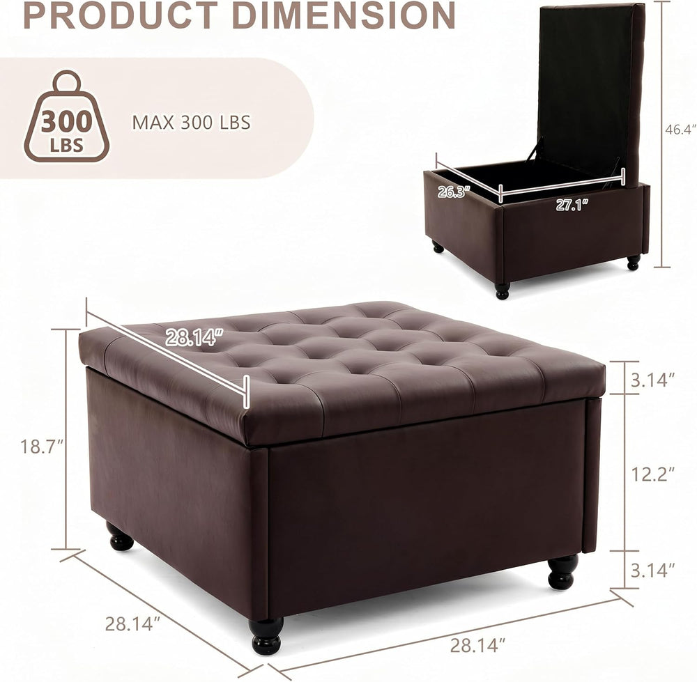 28" Large Square Ottoman with Storage, Leather Ottoman Coffee Table, Brown