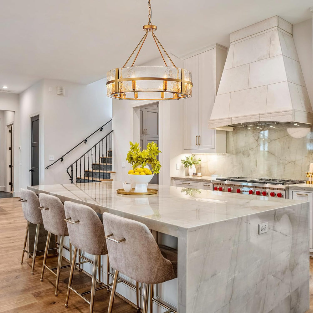 28" Gold Drum Chandelier, Modern Glass Chandeliers for Dining Room