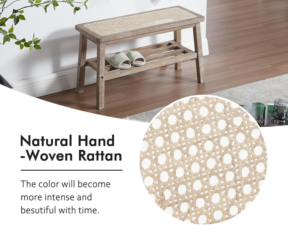 Shunzhi Rattan Entryway Bench with Shoe Rack Natural Wood Storage Bench Indoo...
