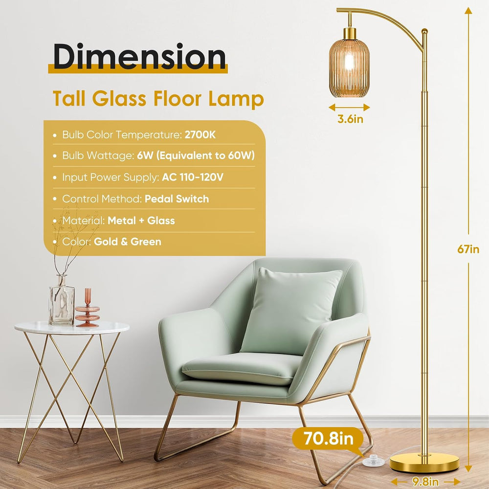 gernehop Glass Floor Lamp for Living Room, Modern Gold Standing Lamp with Rib...