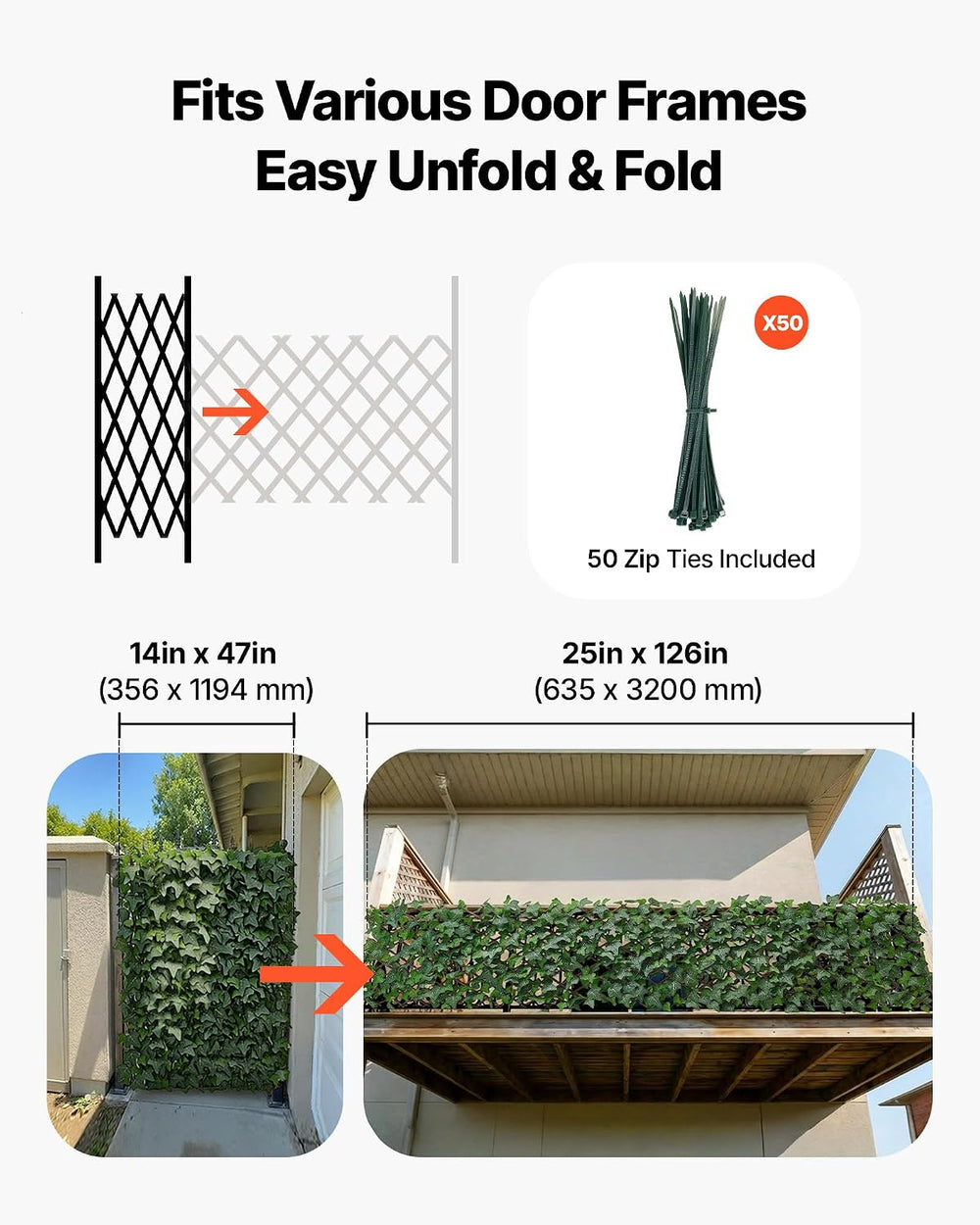 VEVOR Expandable Fence Privacy Screen, 25 x 126 in Expand Artificial Plant Wa...