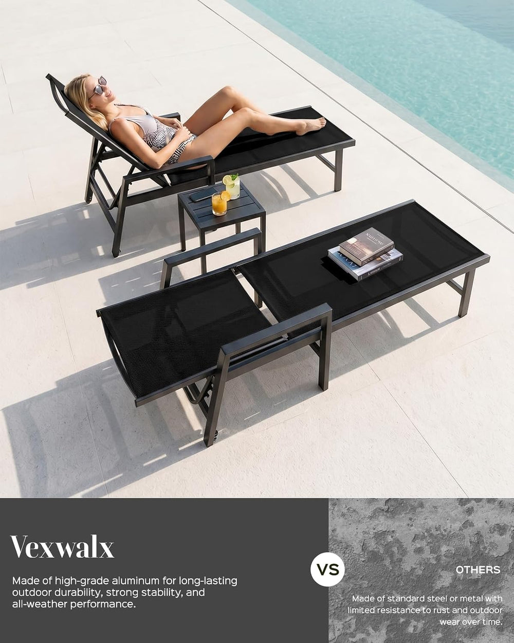 Vexwalx Patio Chaise Lounge Chair Outdoor with Wheels&Armrests, Aluminum ...