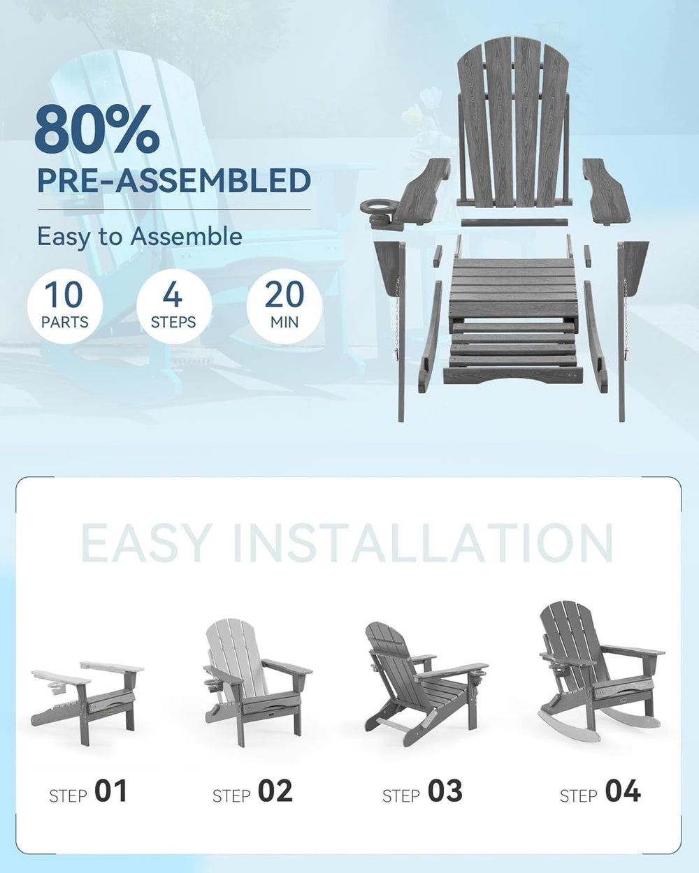 Folding Adirondack Rocking Chair with Footrest, HDPE Adirondack 4-in-1 Multif...