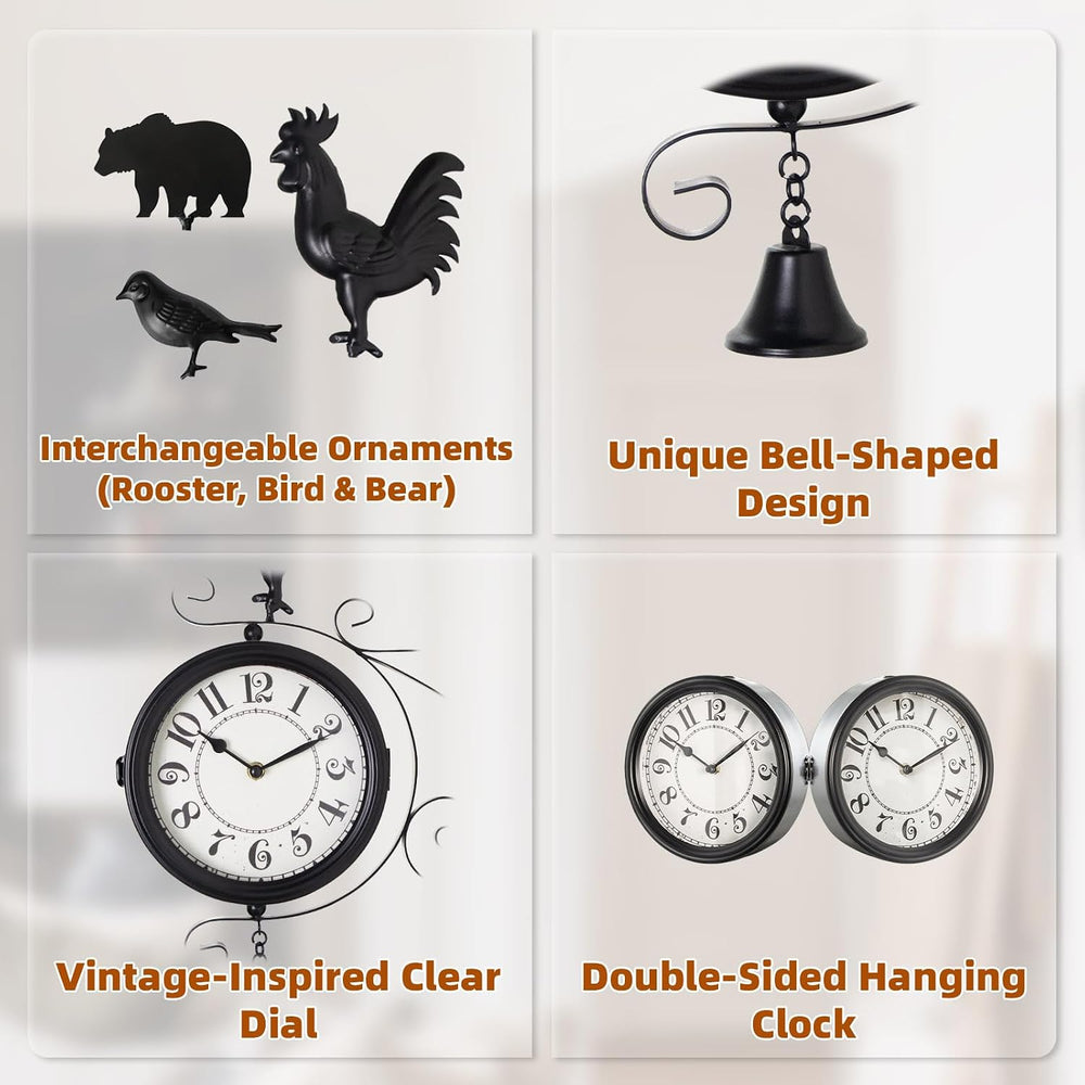 Double-Sided Outdoor Wall Clock with Interchangeable Rooster, Bird & Bear...